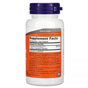 Alternative view of Now Foods, L-Carnitine, 500 mg, 60 Veg Capsules