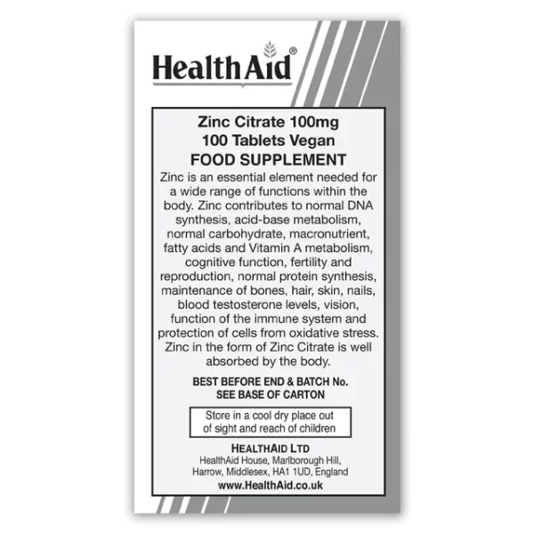 HealthAid Zinc Citrate 100mg Tablets 100's - Image 2